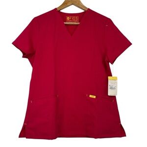 Figs Scrubs Top Women’s Stretch Pockets Pink With Yellow Logo Medical Wear